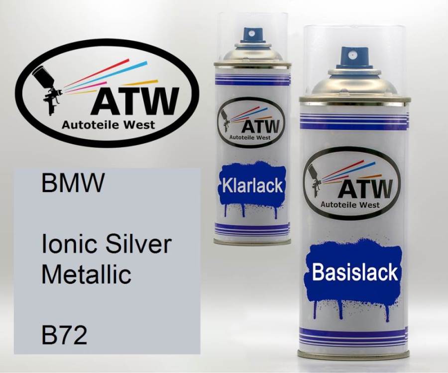 BMW, Ionic Silver Metallic, B72: 400ml Sprühdose + 400ml Klarlack - Set, von ATW Autoteile West.